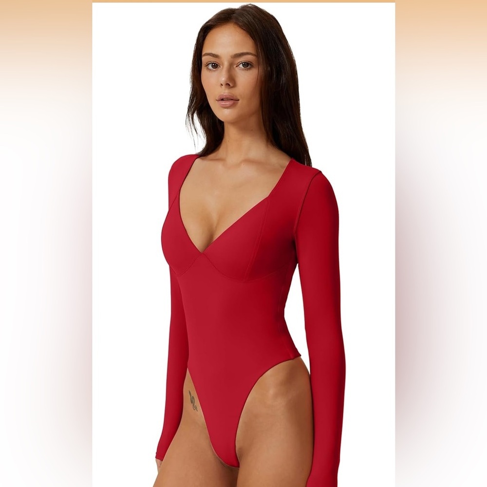 WomenLong Sleeve Bodysuit V Neck Body Suits Seamed Cup Going Out‎ Tops Shirt L